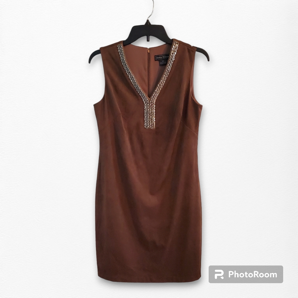 Jessica Howard Chocolate Brown v-neck shift dress embellished neckline, size 6P